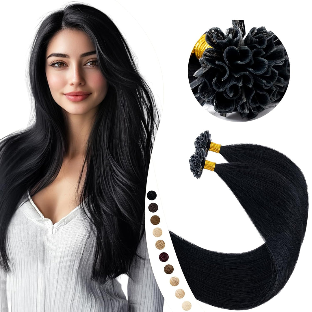 Elailite Echthaar Bonding Extensions 60cm 50g #1 Schwarz U Tip Hair Bonding Extensions Echthaar Haar