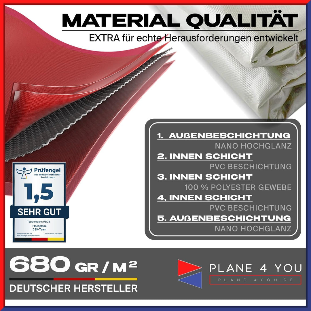 Anhängerplane nach Dein Mass in Diverse Farben Premium PVC-Planenstoff 680g/m² (Aussenmass: bis 2.80