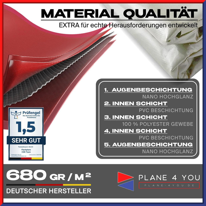 Anhängerplane nach Dein Mass in Diverse Farben Premium PVC-Planenstoff 680g/m² (Aussenmass: bis 2.80