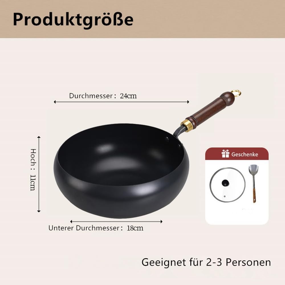 Unbeschichtete Eisenpanne,Eisen Wok, 24cm Hand-Schmiede Antikleber | Eisen Pfanne ohne Beschichtung,