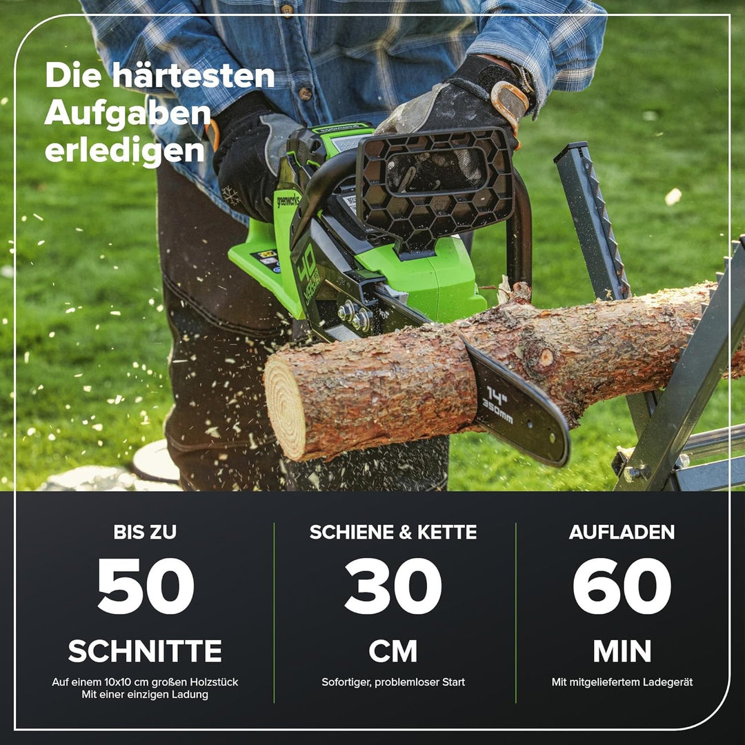 Greenworks Akku Kettensäge mit bürstenlosem Motor, 14 Zoll (35cm) Blattlänge, 12 m/s Kettengeschwind