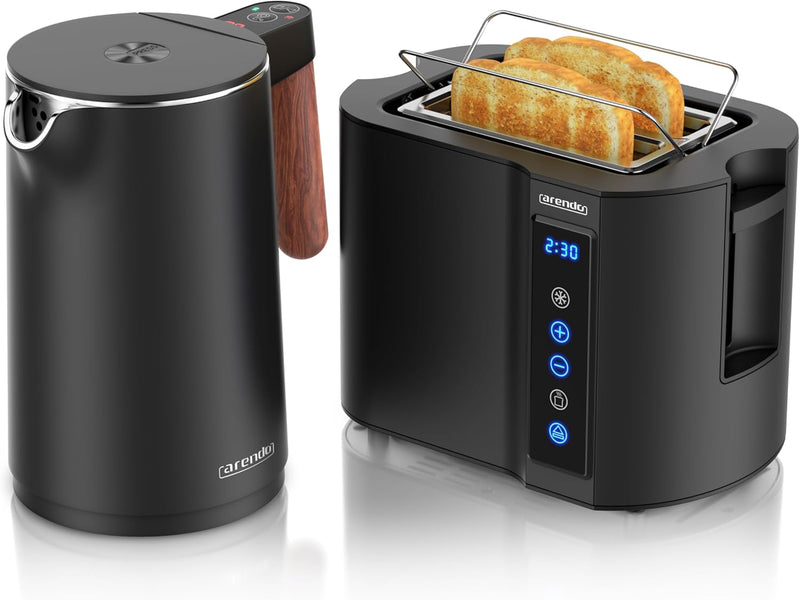 Arendo - Wasserkocher Toaster SET - Edelstahl - Wasserkocher mit Temrpatureinstellung - 45-100 Grad