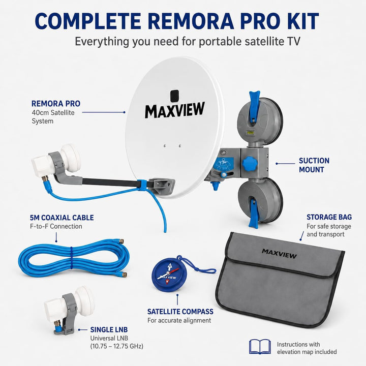 MaxView MXL026 Remora 40 Saugnapf-montiertes tragbares Satellitenfernseh-Set für Wohnwagen, Wohnmobi