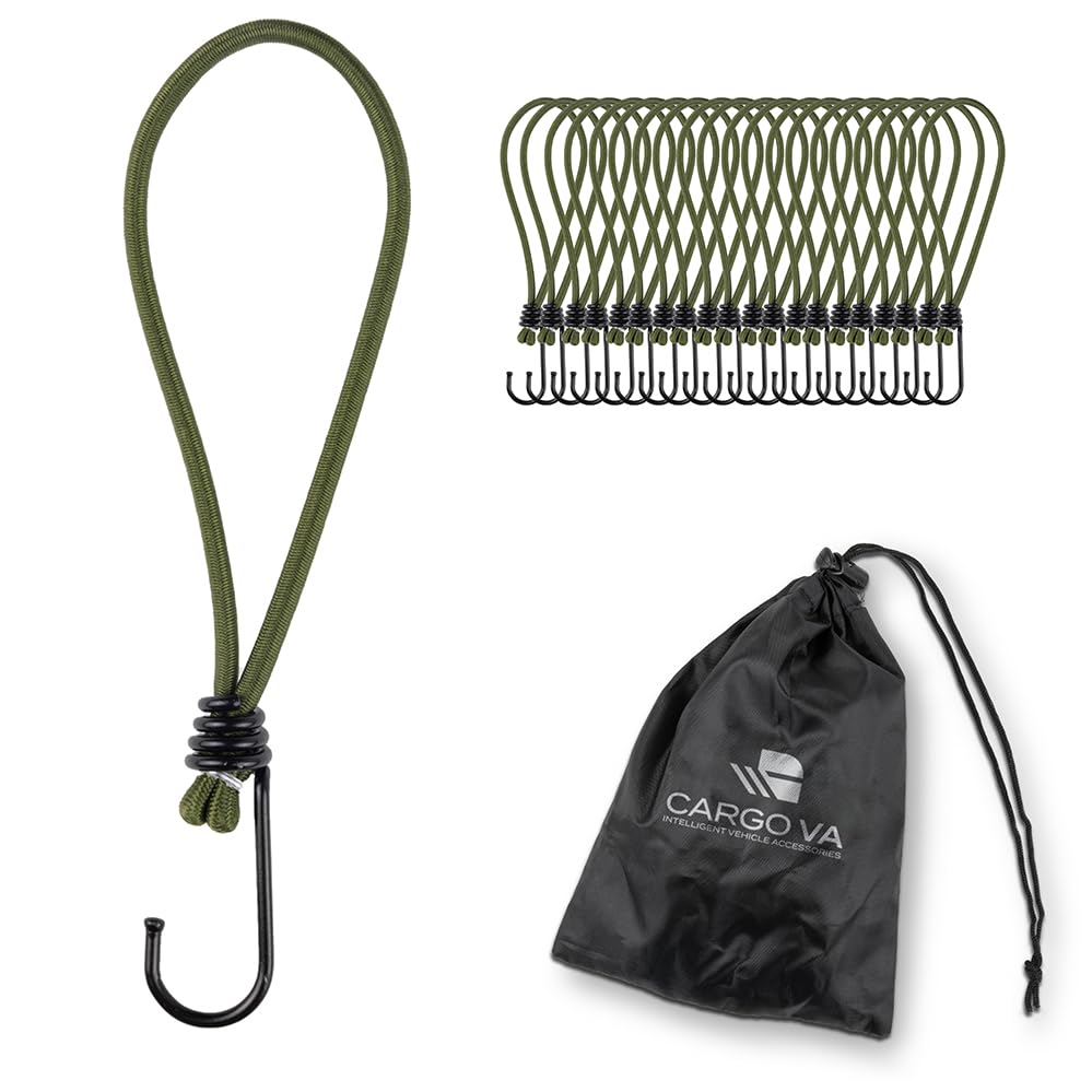 CargoVA® - 20 Spanngummis mit Haken und praktischer Tasche - Expanderhaken für Planen und Netze Oliv