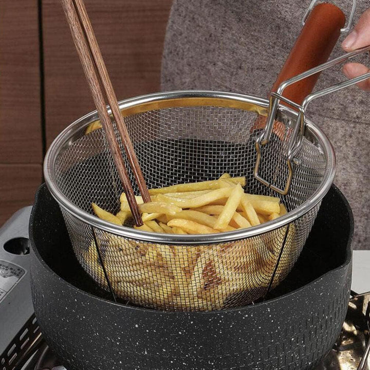 Frisierkorb mit Klappbarem Griff und Haken für die Pfanne - Runder Fritteusekorb - Edelstahl - 23 cm