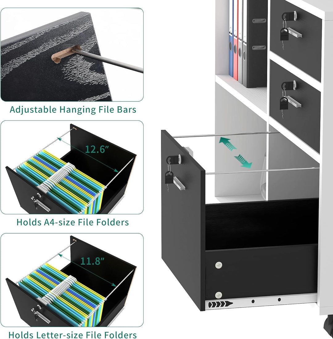 YITAHOME Rollcontainer, Aktenschrank mit 3 Schubladen und 2 Fächern, Mobile Dokumentenschrank mit Um