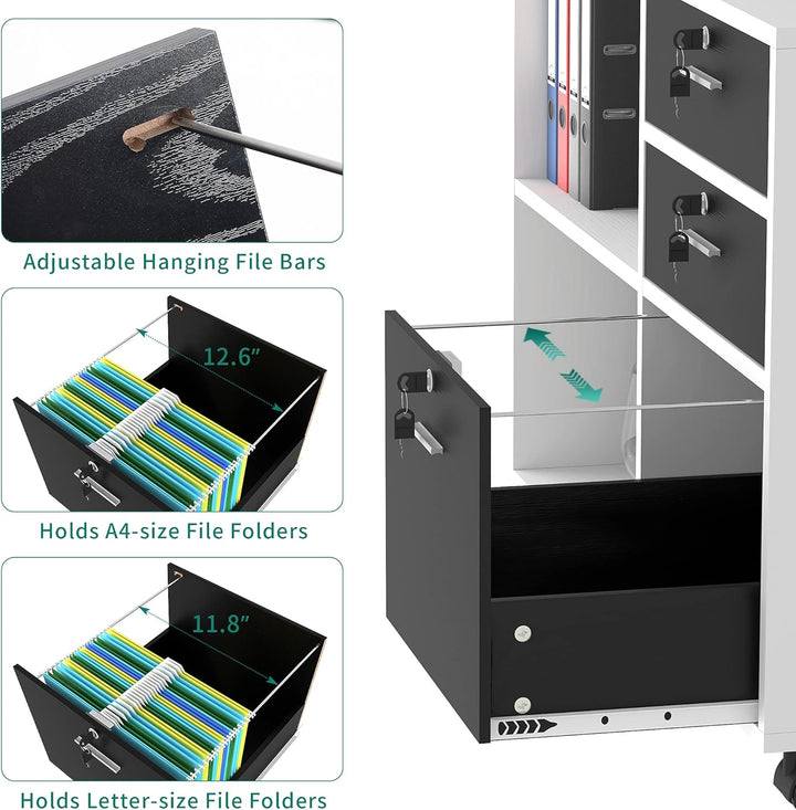 YITAHOME Rollcontainer, Aktenschrank mit 3 Schubladen und 2 Fächern, Mobile Dokumentenschrank mit Um