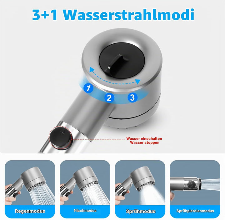 Duschkopf mit Filter, Hochdruck Handbrause mit 2 M Schlauch, Brausekopf Dusche, 4 Strahlarten, Dusch