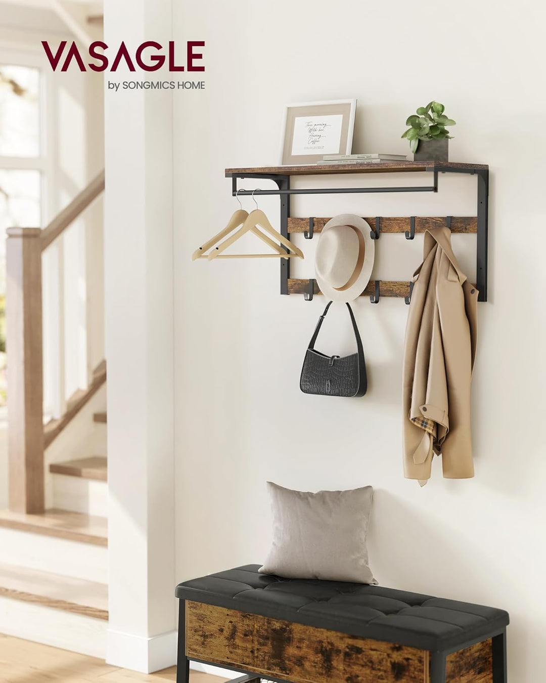 VASAGLE Wandgarderobe, Schuhbank, Wandregal mit Ablage und 10 Haken, Schuhregal mit 3 Ebenen, Aufbew