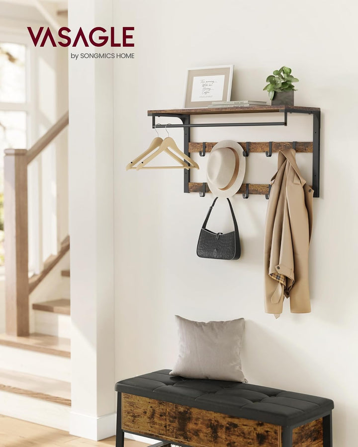VASAGLE Wandgarderobe, Schuhbank, Wandregal mit Ablage und 10 Haken, Schuhregal mit 3 Ebenen, Aufbew