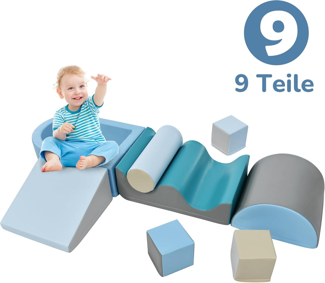 Schaumstoffbausteine 9-teilig mit Bällebad und Rutsche – Indoor Klettergerüst mit Ballpool, wasserfe