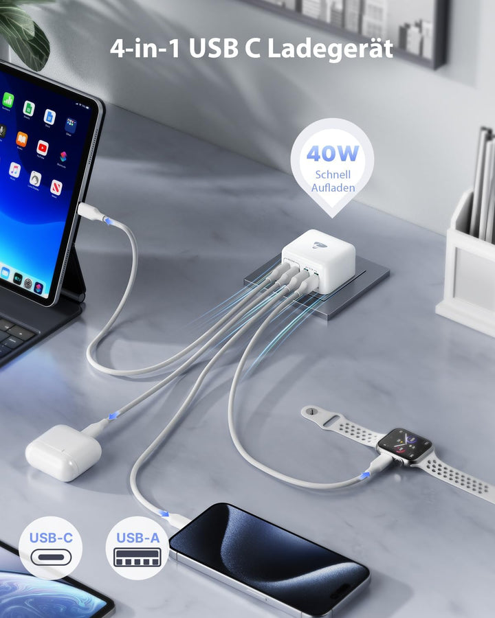 USB C Ladegerät, Aioneus 40W 4 Ports Mehrfach Ladegerät, Schnellladegerät PD 3.0 Power Adapter mit U