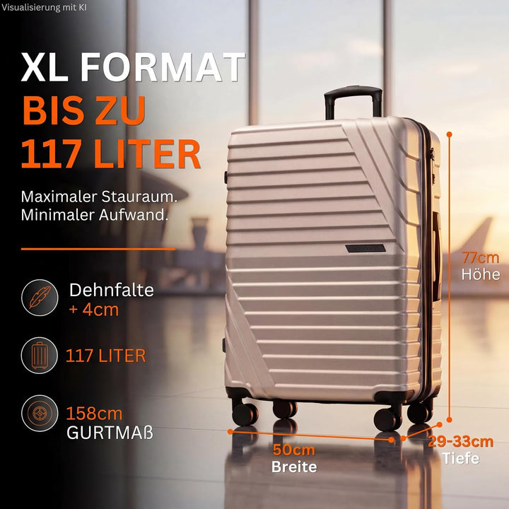 Hartschalenkoffer XL Gross - 100L Volumen erweiterbar auf 117L - 158cm Gurtmass - 8 Rollen 360° dreh