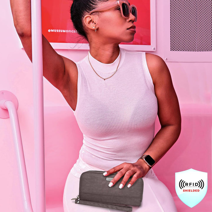 Travelon RFID-blockierende Geldbörse mit doppeltem Reissverschluss. Smoke, Smoke