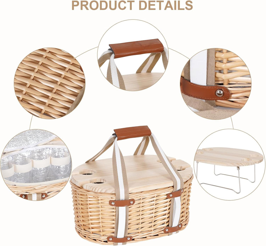 Picknickkorb-Set für 4 Personen – Isolierter Weidenkorb mit klappbarem Weintisch, Picknickset mit In