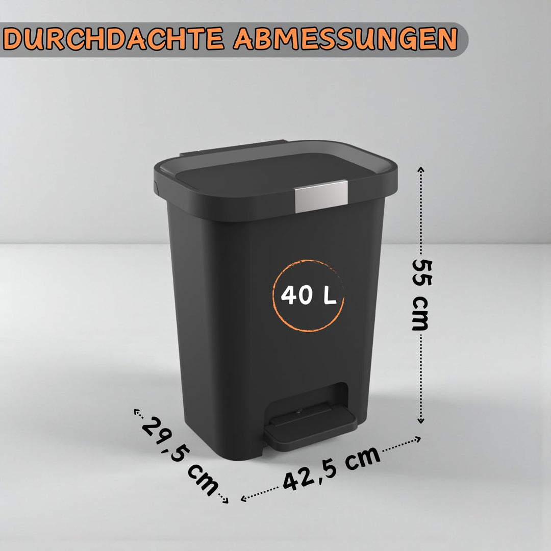 Mülleimer 40 L mit Deckel und Pedal - Treteimer, Abfalleimer mit Soft-Close, verschliessbarem Deckel