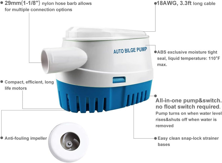 BACOENG Automatische Bilgepumpe Tauchpumpe 12 V, 1100GPH/70LPM mit Schwimmschalter