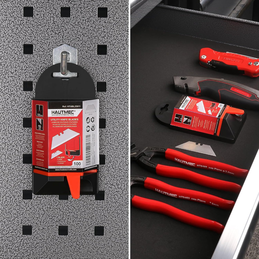 HAUTMEC 100 Stück Ersatzklingen für Universalmesser mit Sicherheits-Spenderbox – Allzweck-Trapezklin