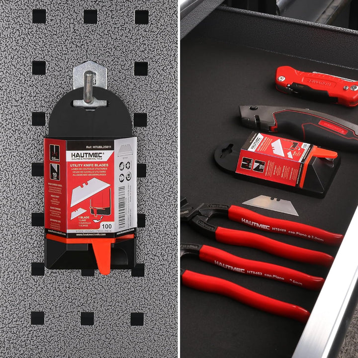 HAUTMEC 100 Stück Ersatzklingen für Universalmesser mit Sicherheits-Spenderbox – Allzweck-Trapezklin
