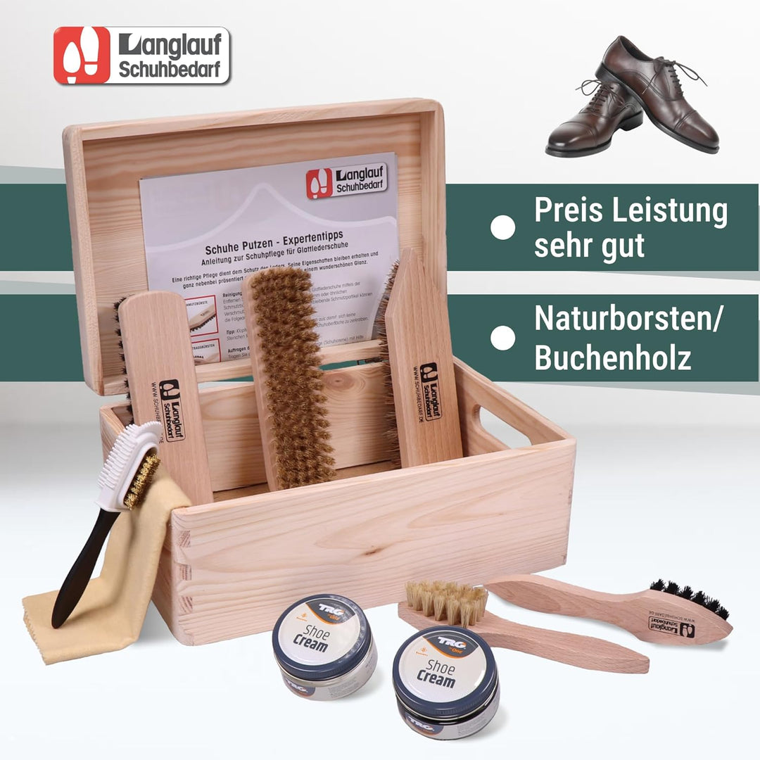 Langlauf Schuhbedarf Schuhputzset 9tlg Schuhputzkasten Verona I Schuhbürsten Set mit Box I Schuhcrem