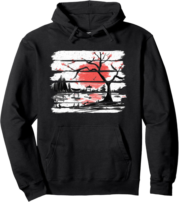 Japan Aquarell Red Sun Weinlese-Kirschbaum Pullover Hoodie
