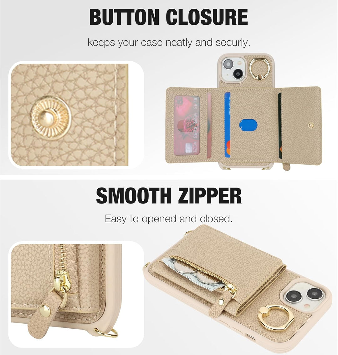 ELTEKER Handyhülle für iPhone 13 Hülle mit Band Kartenfach Ringhalterung Geldbörse,Leder Klapphülle
