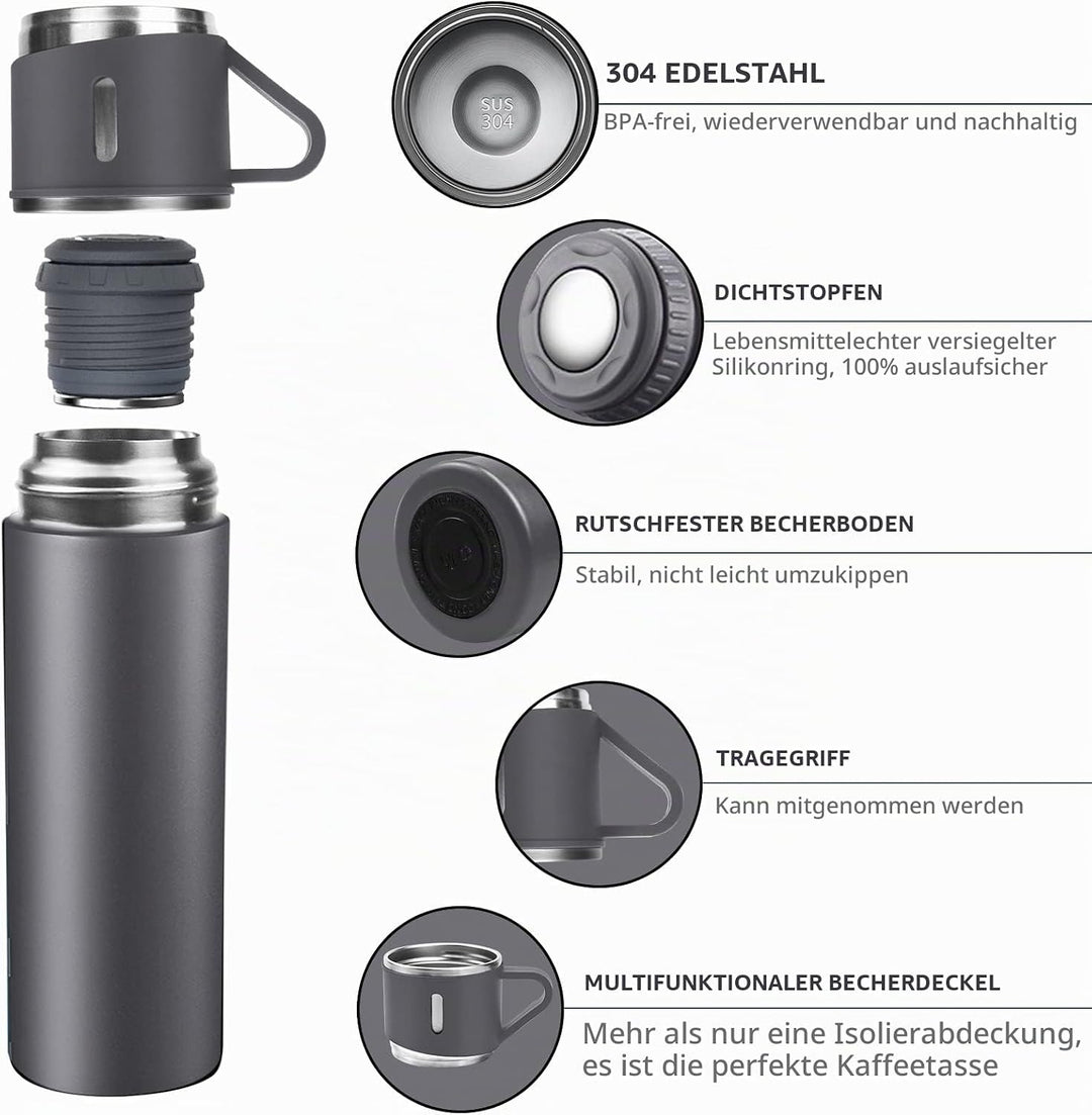 Thermosflasche 500ml mit Becher und Griff, Trinkflasche Edelstahl, Auslaufsichere Isolierflasche für