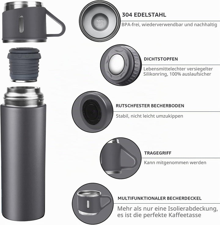 Thermosflasche 500ml mit Becher und Griff, Trinkflasche Edelstahl, Auslaufsichere Isolierflasche für