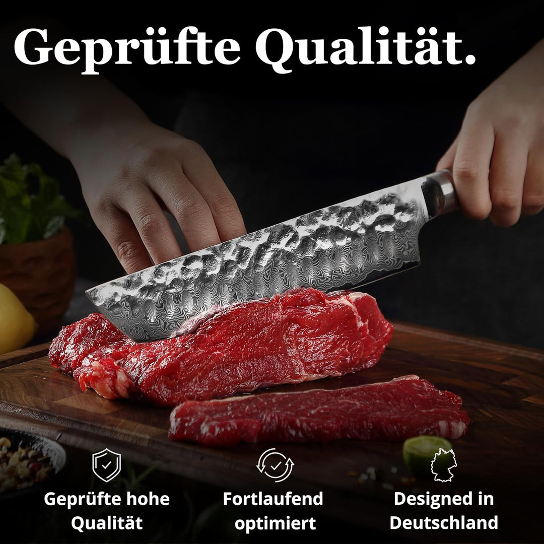 Wakoli Nussbaum Chefmesser Tanto, 20 cm Klinge aus 67 Lagen Damaststahl mit VG10 Kern, V Schliff 15°