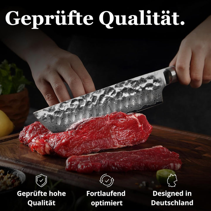 Wakoli Nussbaum Chefmesser Tanto, 20 cm Klinge aus 67 Lagen Damaststahl mit VG10 Kern, V Schliff 15°