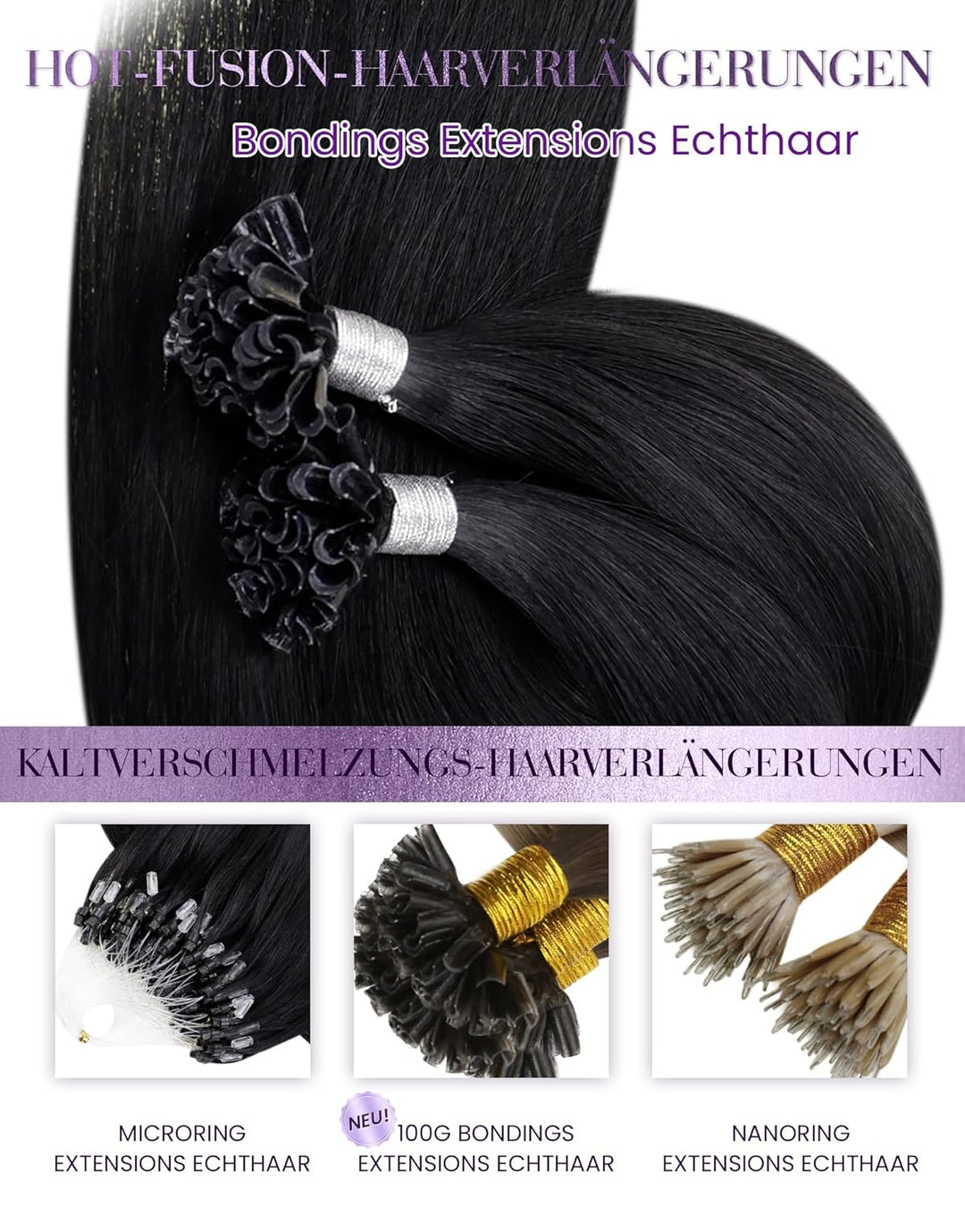 LaaVoo U Tip Extensions Keratin Remy Echthaar Bondings 55 cm 1g U Tip Lang Haare Extensions Tiefschw