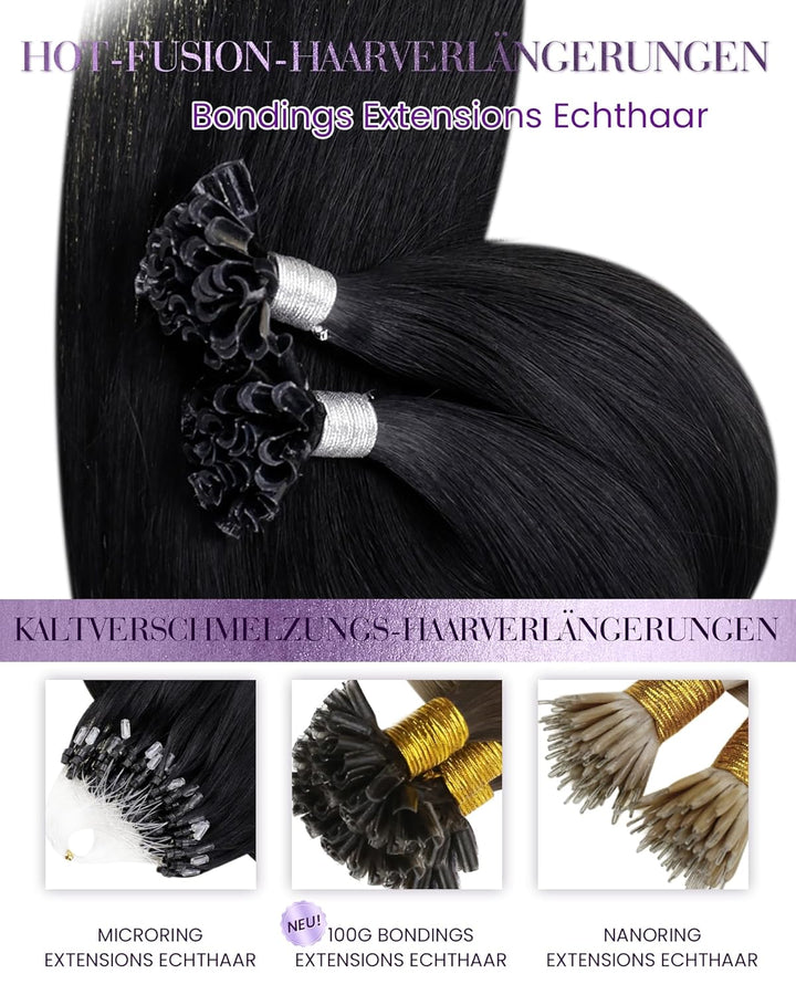 LaaVoo U Tip Extensions Keratin Remy Echthaar Bondings 55 cm 1g U Tip Lang Haare Extensions Tiefschw