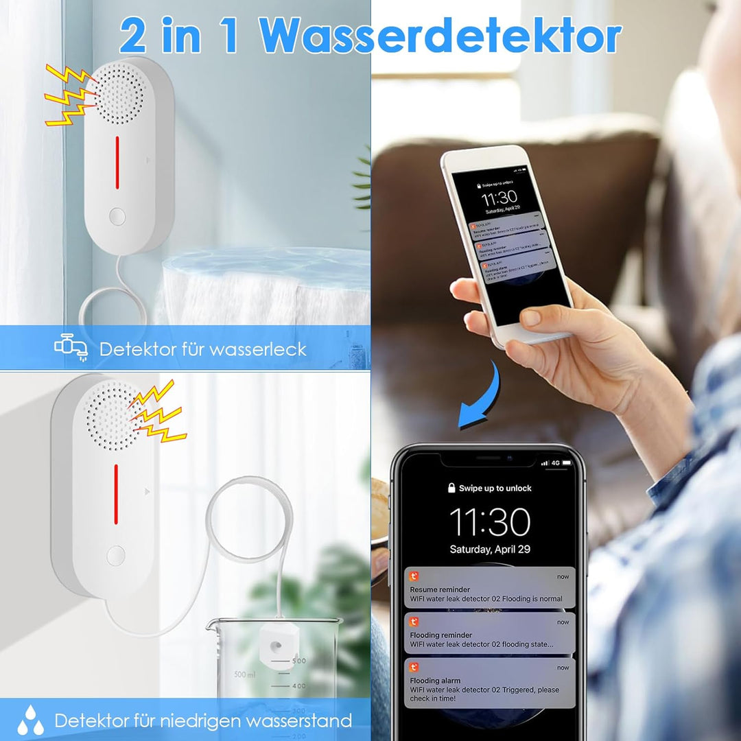 Cuteefun Wassermelder, Wasserstandssensor WLAN, 100dB Lauter Wassersensor, Wasseralarm mit Fernüberw