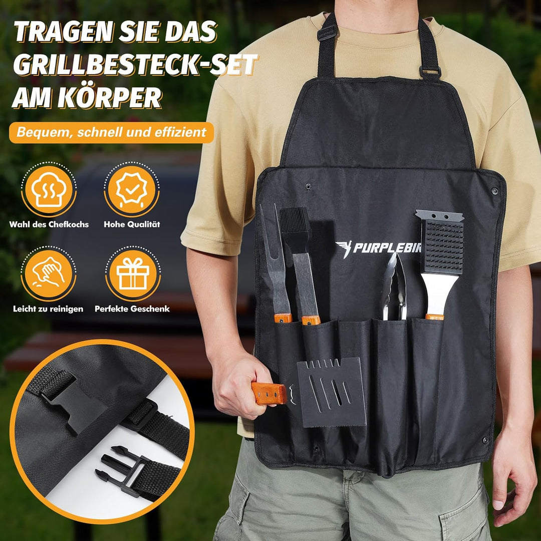 PURPLEBIRD Grillbesteckset 5-TLG, Profi Edelstahl Gril Zubehör Werkzeug Set, Tragetasche mit Schürze