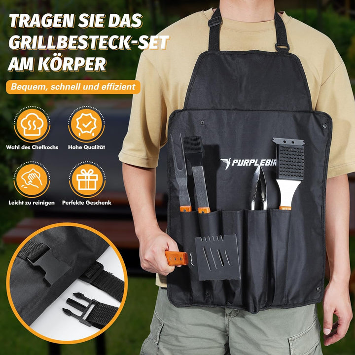 PURPLEBIRD Grillbesteckset 5-TLG, Profi Edelstahl Gril Zubehör Werkzeug Set, Tragetasche mit Schürze