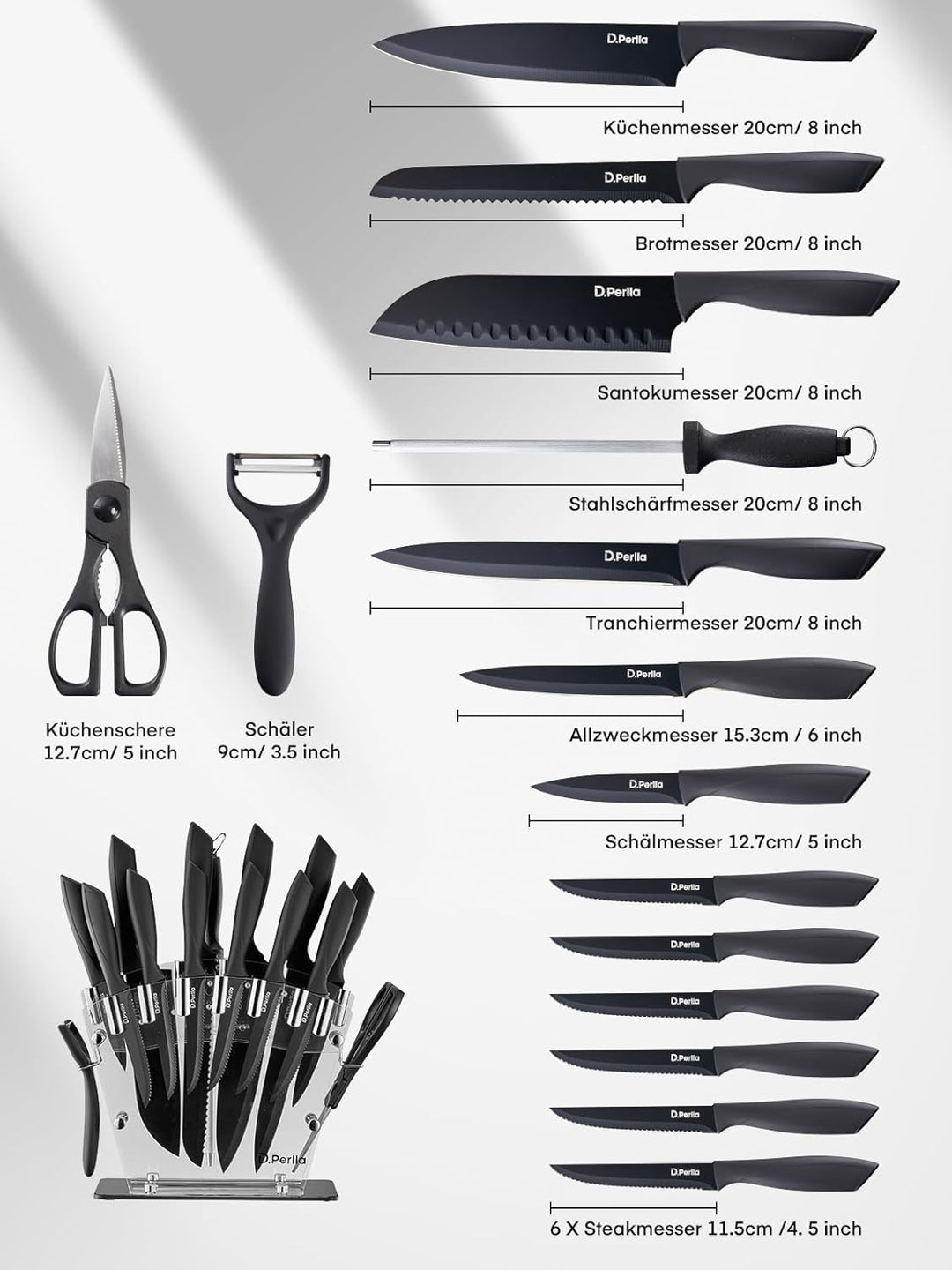 D.Perlla Messerblock, 16-TLG Messer set, Schwarz Antihaft-Beschichtung Messer mit Acryl Messerhalter