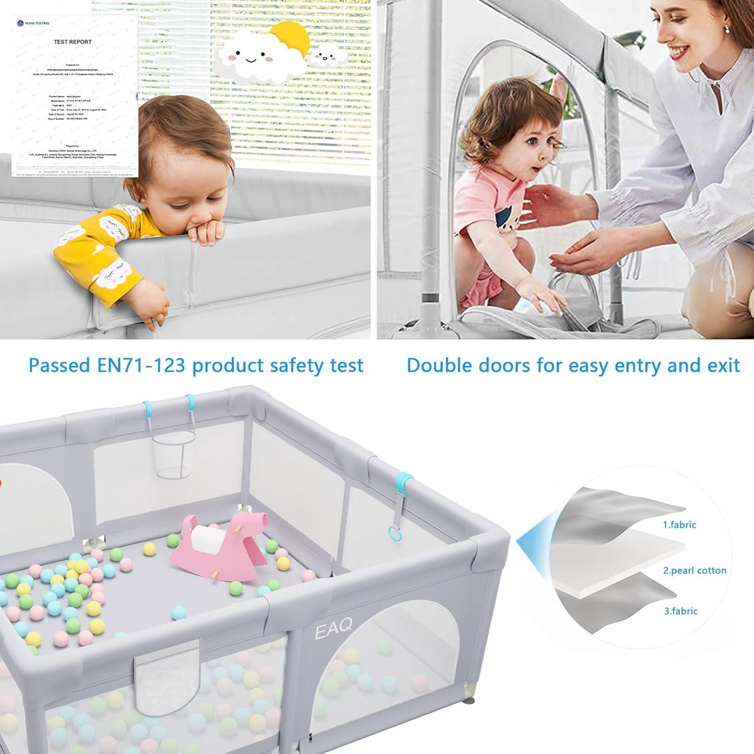 EAQ Baby Laufstall 150x150cm Laufgitter Sicherheitsspielplatz mit superweichem,atmungsaktivem Netz,