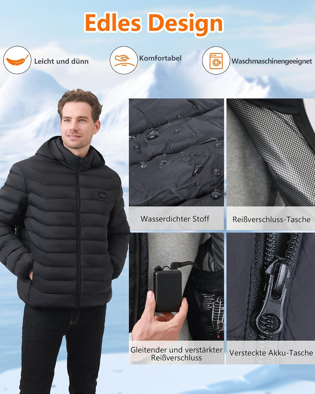 Beheizbare Jacke - Heizjacke mit Akku 10000mAh - Warme Heizjacke für Herren Damen 5 Heizzonen, 3 Tem