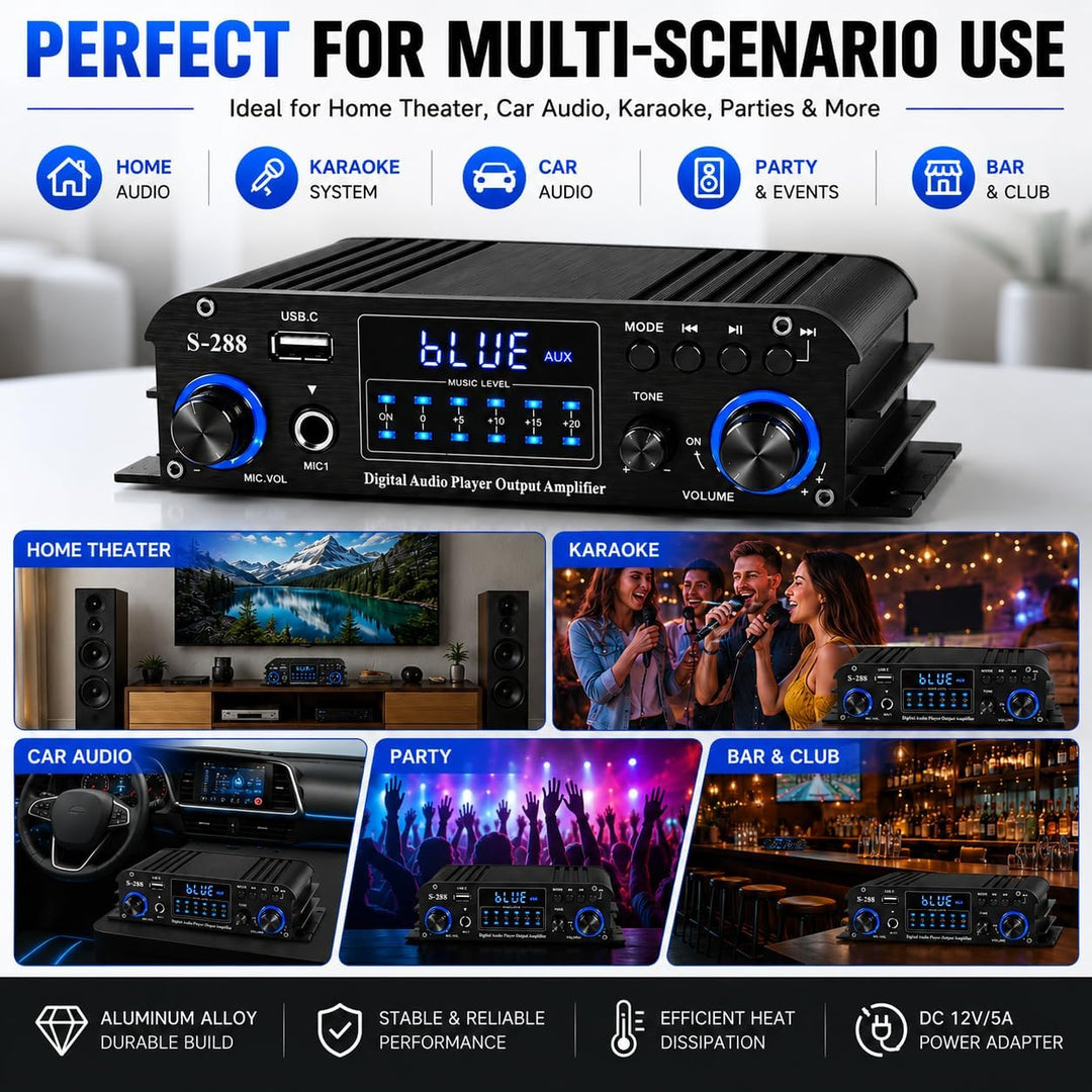 Romicta 4-Kanal Bluetooth 5.0 Stereo-Verstärker, 4×50W HiFi-Endstufe, 1200W Max, USB/SD/FM, Class D