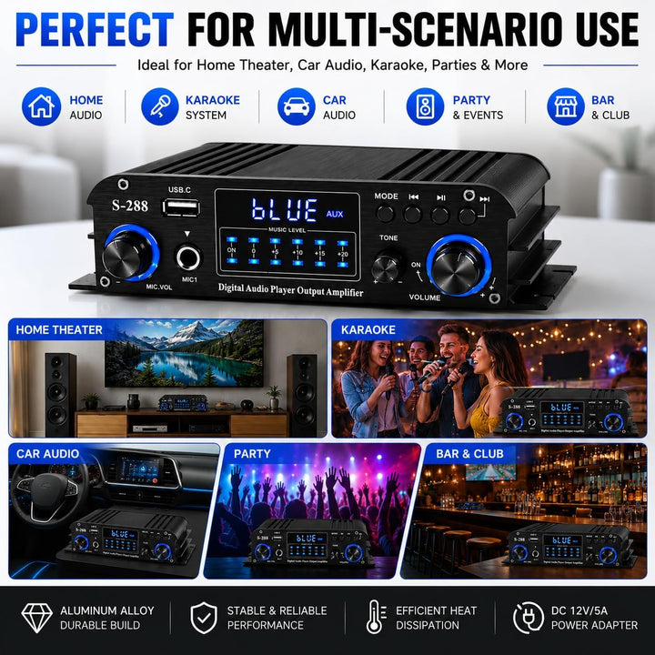 Romicta 4-Kanal Bluetooth 5.0 Stereo-Verstärker, 4×50W HiFi-Endstufe, 1200W Max, USB/SD/FM, Class D