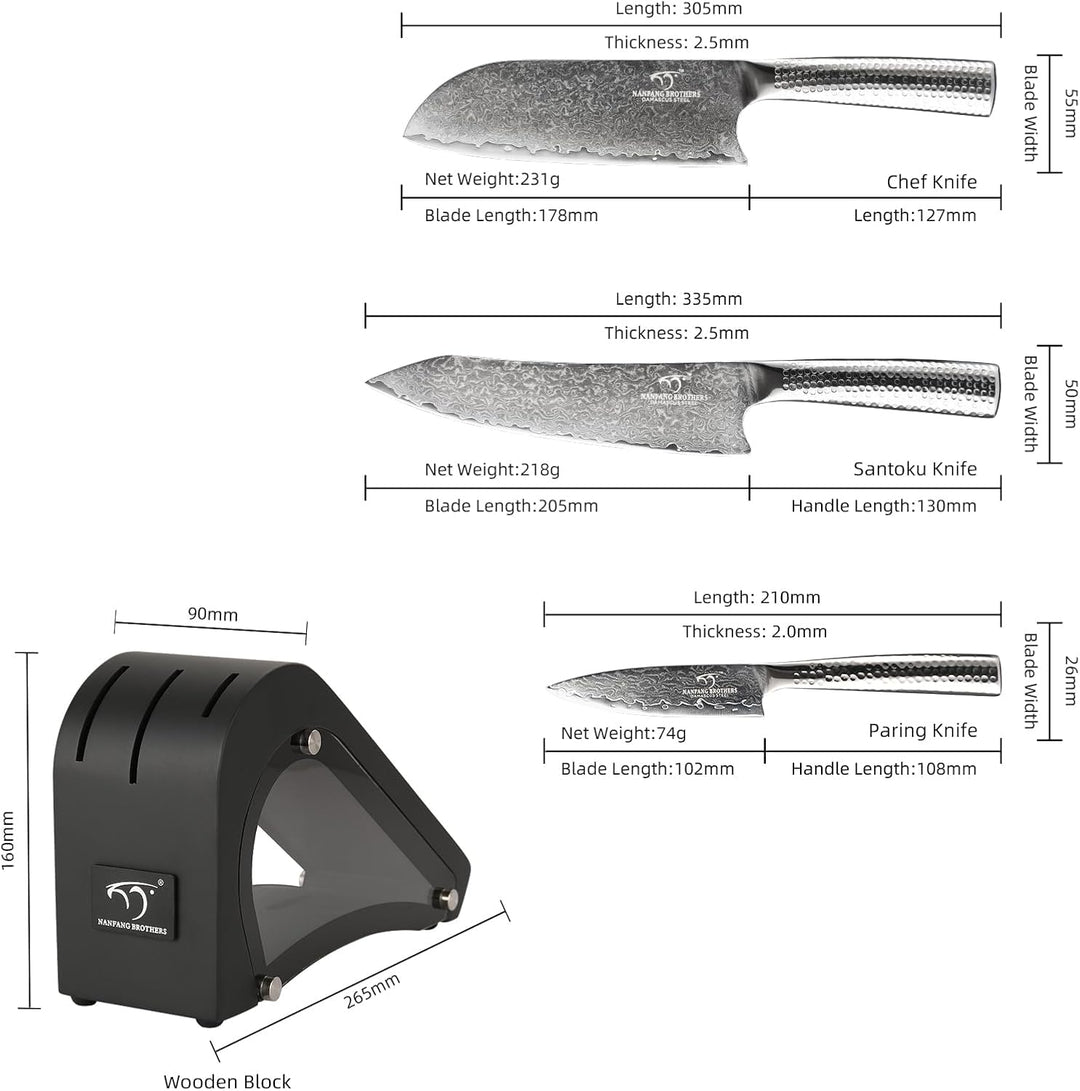 NANFANG BROTHERS Damaskus Küchenmesser Set VG10 Stahl 67 Lagen Superior, Damaskus Kochmesser mit geh