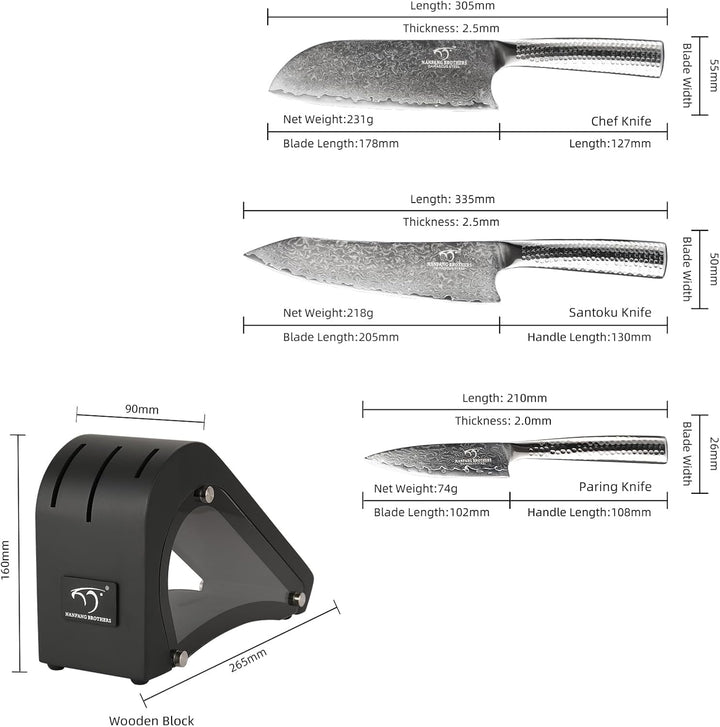 NANFANG BROTHERS Damaskus Küchenmesser Set VG10 Stahl 67 Lagen Superior, Damaskus Kochmesser mit geh