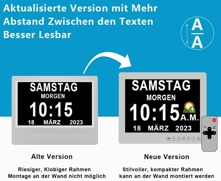Véfaîî 8 Zoll Digitaler Wecker Wanduhr mit Fernbedienung 19 Alarme ,Seniorenuhr Kalender und Foto-Fu