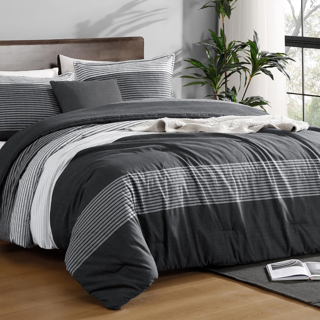 Andency Bettwäsche-Set in voller Grösse, 3-teilig, schwarz-weiss-grau, Patchwork-Streifen-Bettdecke
