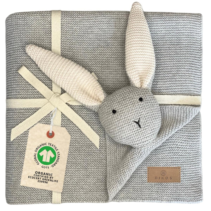 DIKOS® Original Babydecke SCHMUSE-HASE grau | 100% Bio-Baumwolle Neugeborenen Decke | Kuscheldecke S