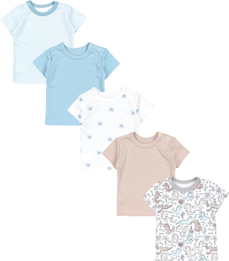 TupTam Baby Jungen Kurzarm T-Shirt mit Aufdruck Unifarben Sterne Streifen 5er Set 56 Dino Bären Stre