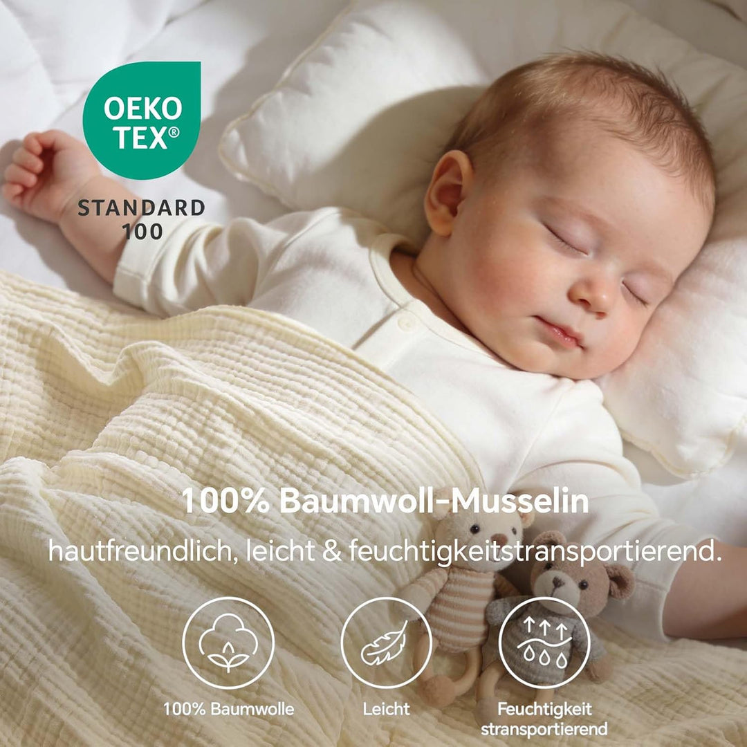BEDELITE Musselin Decke 127x177cm Erwachsene Tagesdecke Baumwolle, Creme | weiche &amp; atmungsaktive 4-