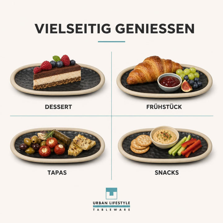 Urban Lifestyle Ovale Dessertteller Set 4er Schwarz 19,5 x 11,5 cm, Rustikale Keramik Tapasteller au