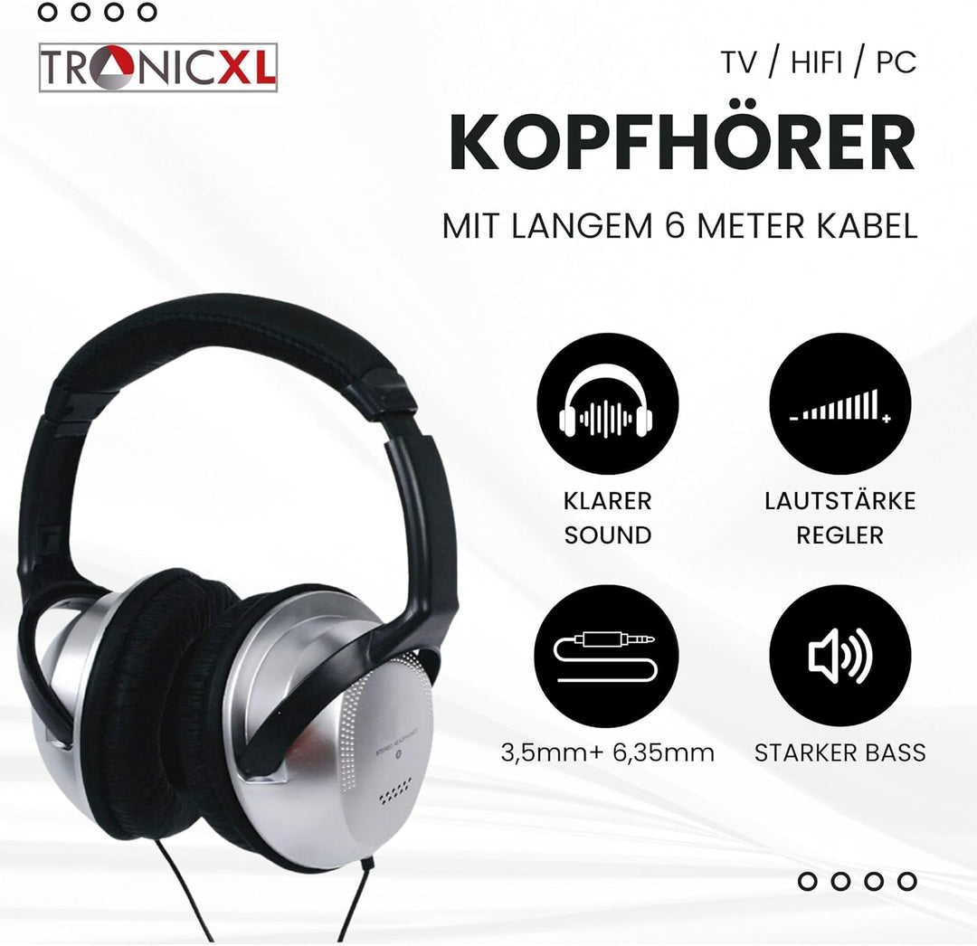 TronicXL Fernsehkopfhörer Kopfbügel Kopfhörer I 6m langes Kabel I Stereo TV Fernseh Headphones Ferns