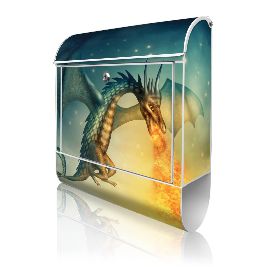 banjado® Design Briefkasten mit Motiv Drachen 39x47x14cm &amp; 2 Schlüssel - Briefkasten Stahl weiss mit
